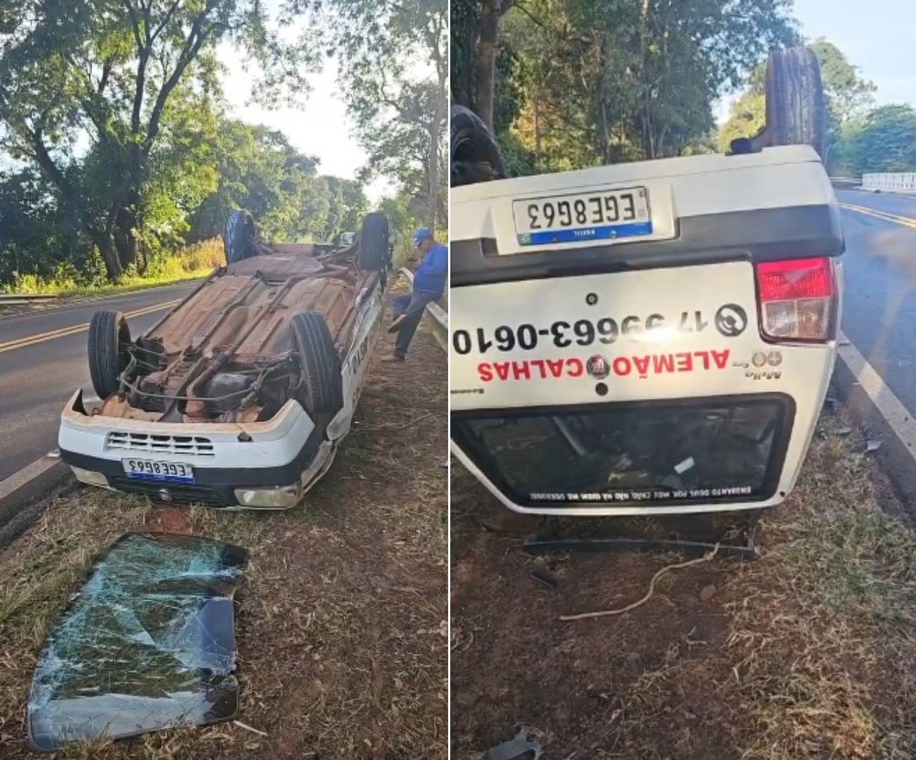 Carro capota após pneu estourar na SP-320 próximo à estação de esgoto em Santa Fé do Sul