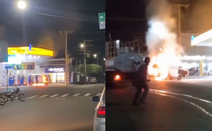 VÍDEO: Kombi pega fogo após ser abastecida em posto de combustíveis em Santa Fé do Sul; ninguém ficou ferido
